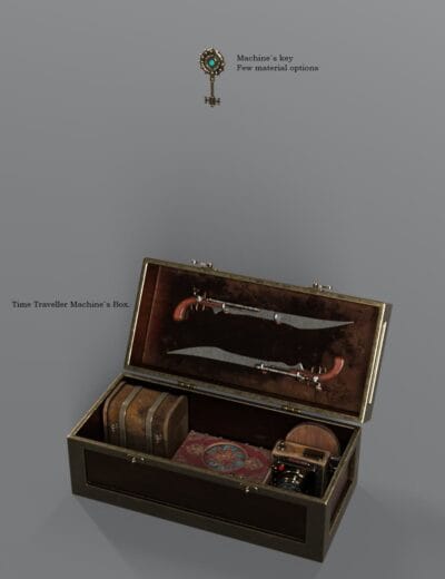 Antique steampunk-style box containing vintage knives, a camera, and a small chest, with detailed textures and realistic materials, perfect for 3D modeling, Daz3D assets, and game design.