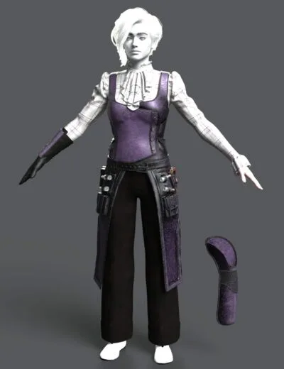 3D character model showcasing detailed clothing and accessories for Daz3D assets, perfect for creating realistic and immersive digital scenes and animations.