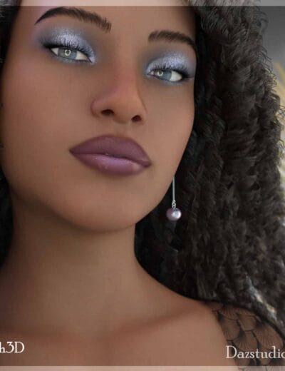 Vibrant 3D female portrait showcasing detailed makeup, curly hair, and elegant jewelry, perfect for realistic Daz3D character assets and high-quality 3D art projects.
