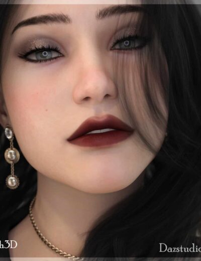 Realistic 3D female portrait with detailed makeup, jewelry, and expressive features, showcasing high-quality Daz3D assets for digital art and character design.