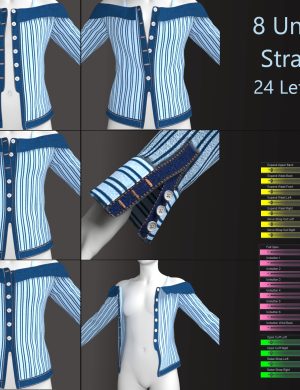 Striped blue and white blouse 3D model showcasing adjustable morphs for DAZ3D, featuring 8 unbuttoned morphs, strap/cuff control, and 24 left/right adjustment options for customizable fashion renders.