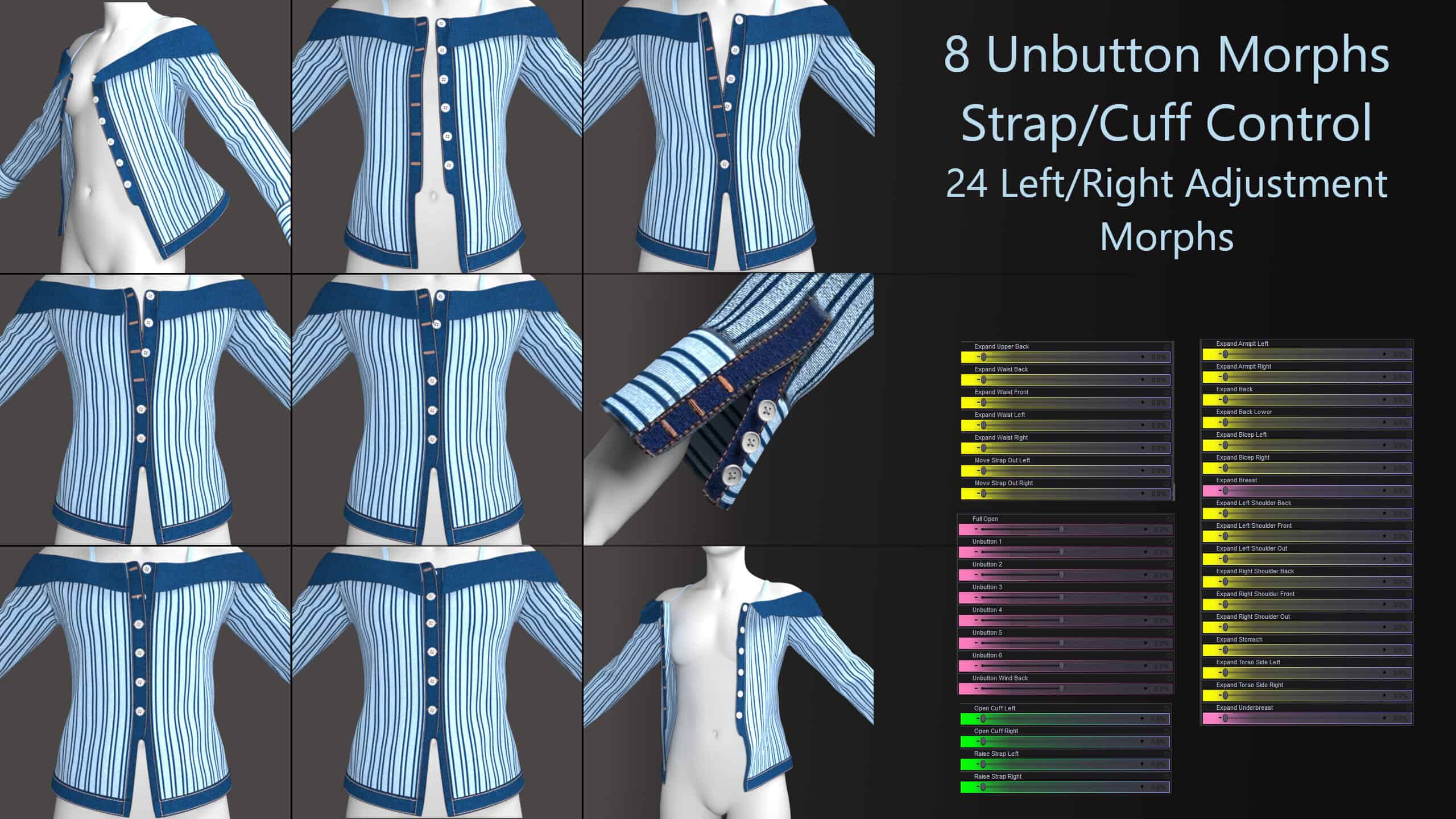 Striped blue and white blouse 3D model showcasing adjustable morphs for DAZ3D, featuring 8 unbuttoned morphs, strap/cuff control, and 24 left/right adjustment options for customizable fashion renders.