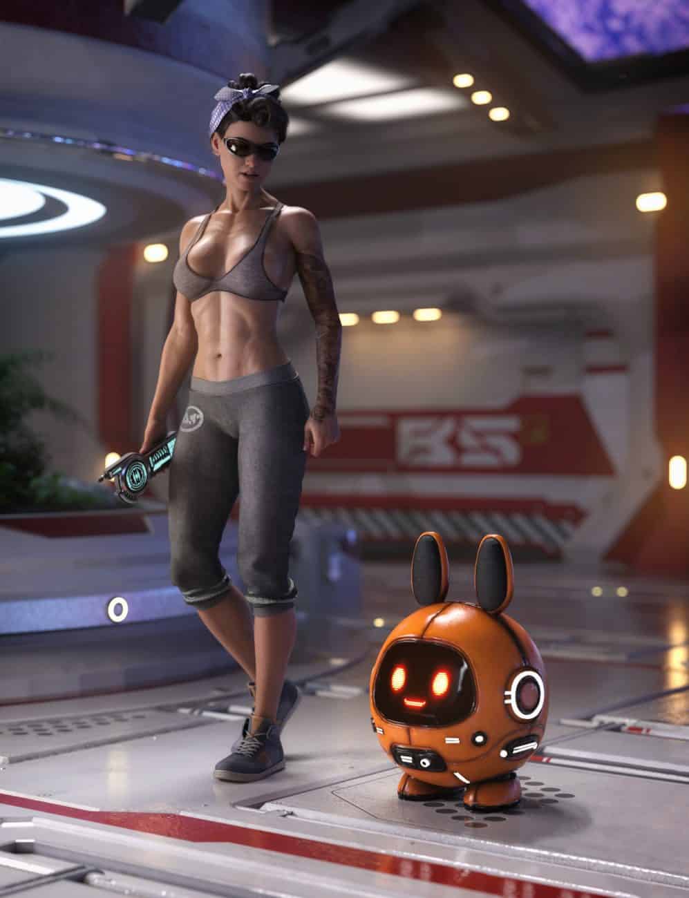 Futuristic woman in casual athletic wear with a robot assistant in a sci-fi environment, highlighting high-quality 3D character models and digital asset design.
