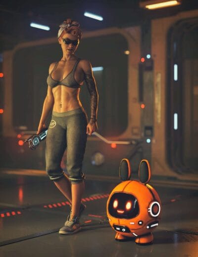 Female cyberpunk character with futuristic robot dog, digital environment, 3D assets from Daz3D, sci-fi scene, detailed rendering, high quality, 3D Shards.