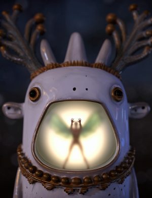 Intricately designed ceramic creature with a hollow opening revealing a silhouetted person with outstretched arms inside, artistic and fantasy-inspired 3D asset from Daz3D for creative projects.