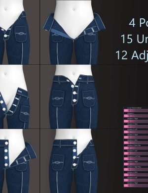 High-quality 3D denim jeans assets with customizable pocket controls, unbutton and adjustment morphs for Daz3D characters, perfect for detailed digital fashion and character modeling.