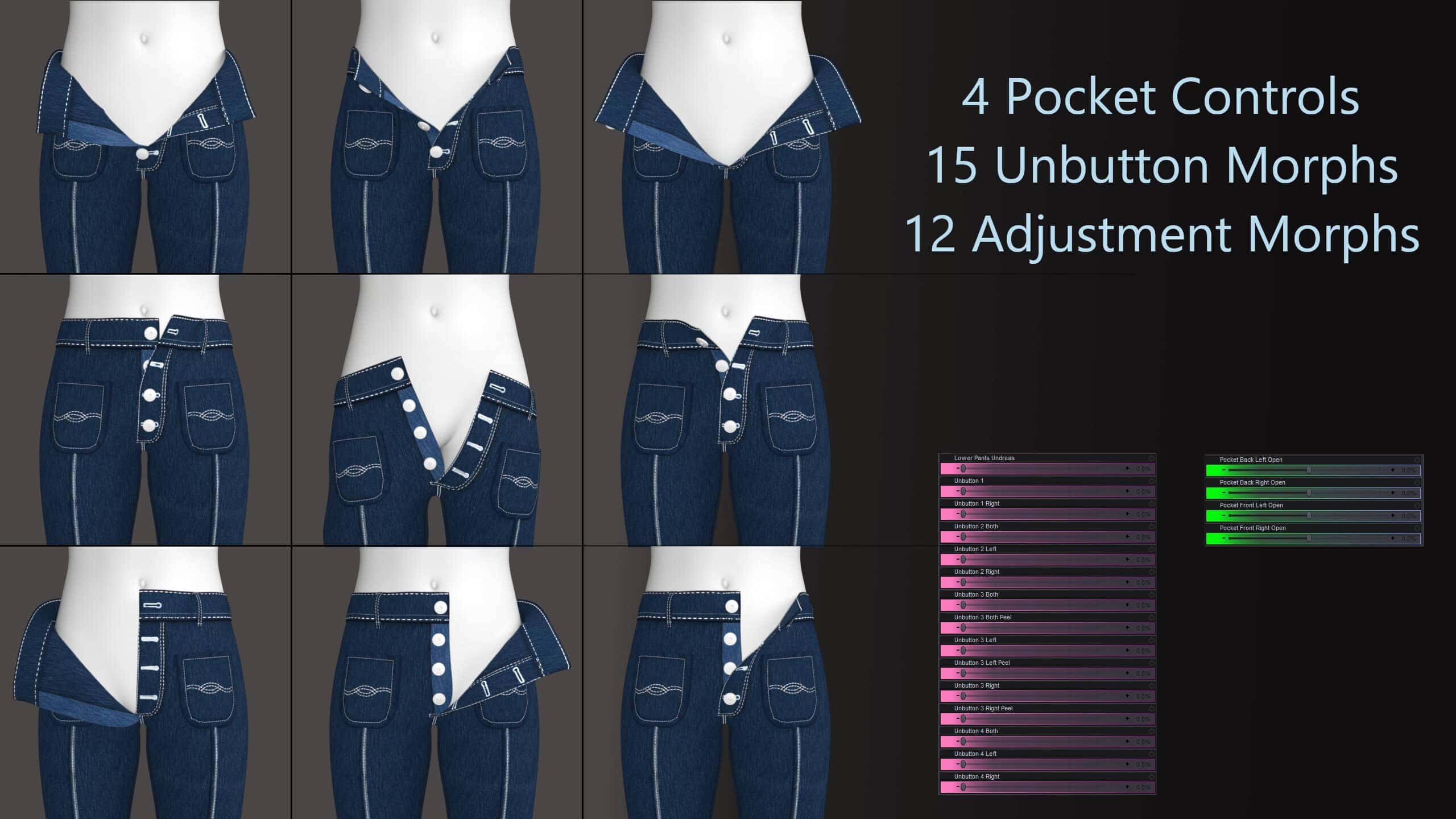 High-quality 3D denim jeans assets with customizable pocket controls, unbutton and adjustment morphs for Daz3D characters, perfect for detailed digital fashion and character modeling.