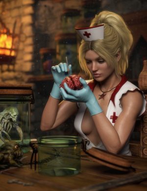 Dissected heart specimen with a female nurse in a horror-themed laboratory setting, featuring detailed medical props, glass jars with preserved creatures, and a dark, ominous atmosphere.