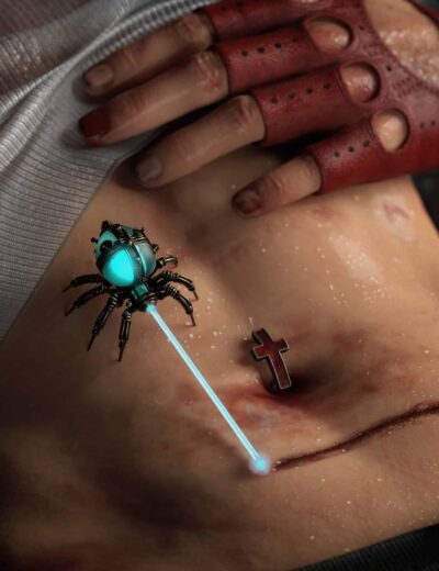 Futuristic medical scene with advanced laser therapy device targeting a tattooed abdomen, detailed close-up of hands with fingerless gloves, neon glow, and digital elements highlighting high-tech healthcare concepts.