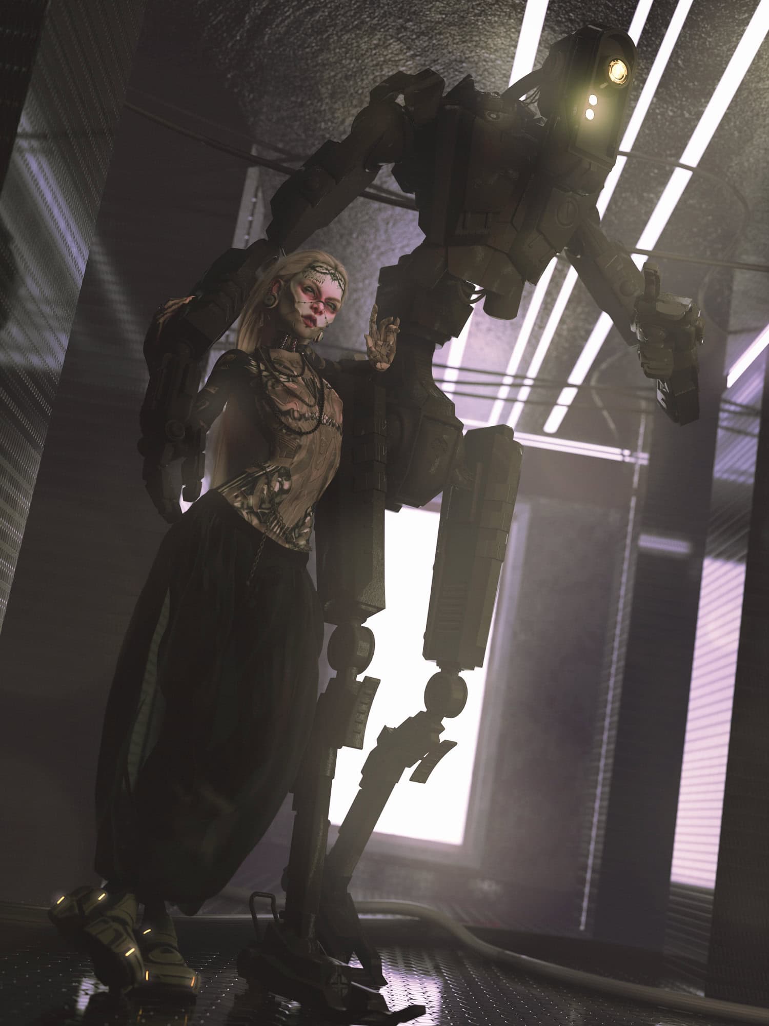 Futuristic female character with cyberpunk makeup and a humanoid robot standing in a high-tech industrial setting with neon lighting.