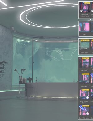 Futuristic indoor scene with neon lighting accents and dynamic digital displays showcasing various sci-fi assets and interior designs. Perfect for 3D modeling, gaming, and visual effects projects.