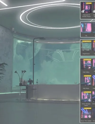 Futuristic indoor scene with neon lighting accents and dynamic digital displays showcasing various sci-fi assets and interior designs. Perfect for 3D modeling, gaming, and visual effects projects.