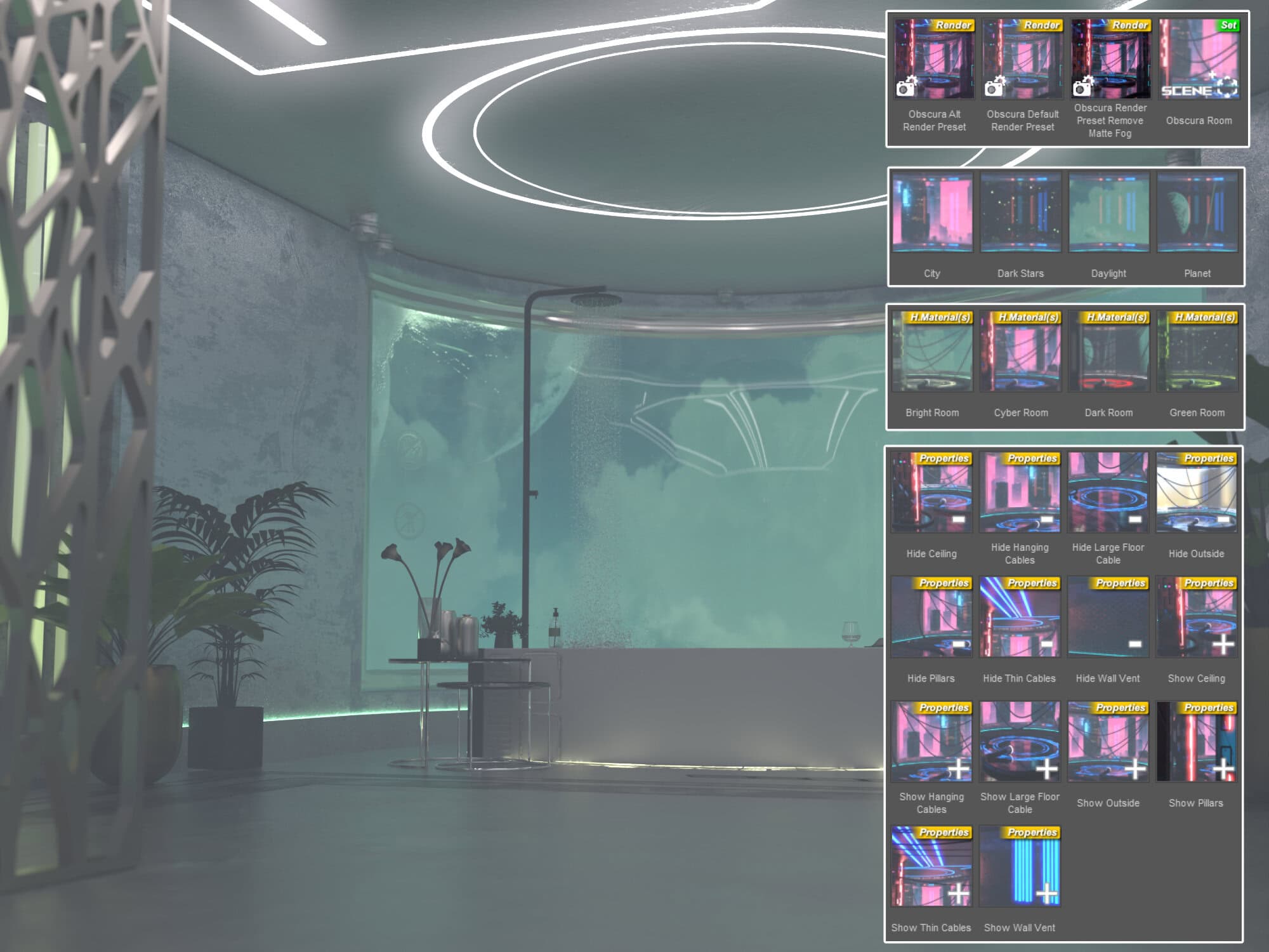 Futuristic indoor scene with neon lighting accents and dynamic digital displays showcasing various sci-fi assets and interior designs. Perfect for 3D modeling, gaming, and visual effects projects.