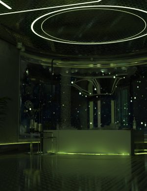 Futuristic nightclub interior with neon green and blue lighting, starry sky backdrop, modern decor, and reflective surfaces, created with high-quality Daz3D assets.