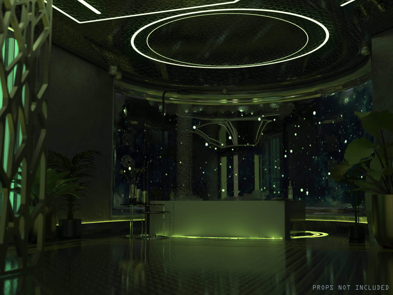 Futuristic nightclub interior with neon green and blue lighting, starry sky backdrop, modern decor, and reflective surfaces, created with high-quality Daz3D assets.