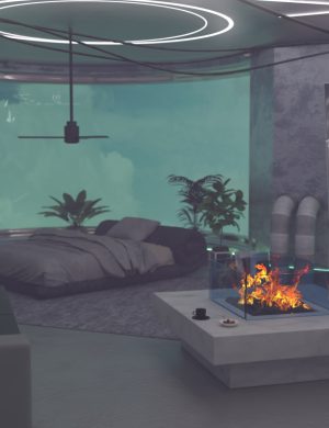 3D render of a modern living space with a glowing fireplace, indoor plants, and a large window with a scenic view, showcasing high-quality digital assets ideal for creative 3D design projects.