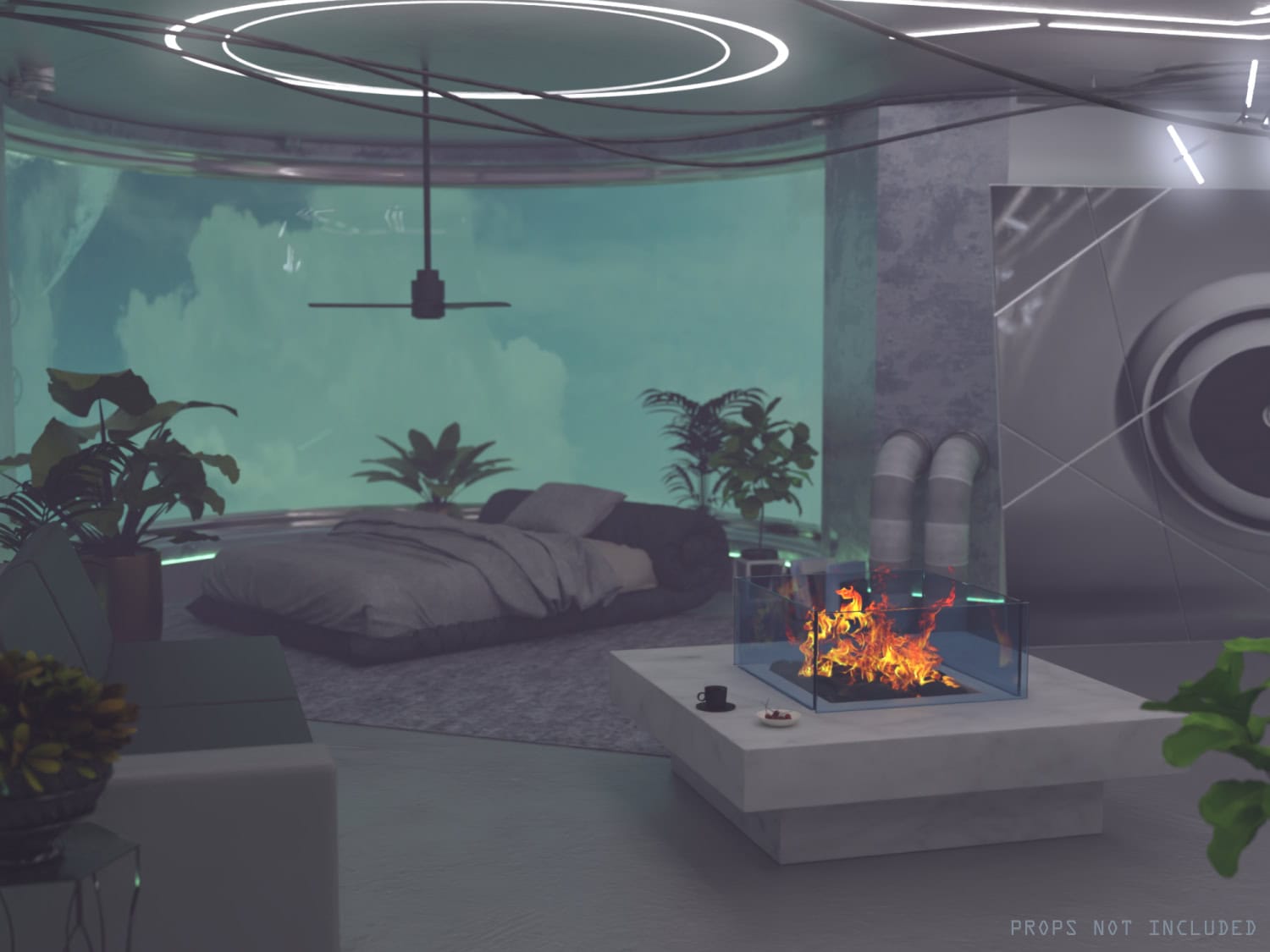 3D render of a modern living space with a glowing fireplace, indoor plants, and a large window with a scenic view, showcasing high-quality digital assets ideal for creative 3D design projects.