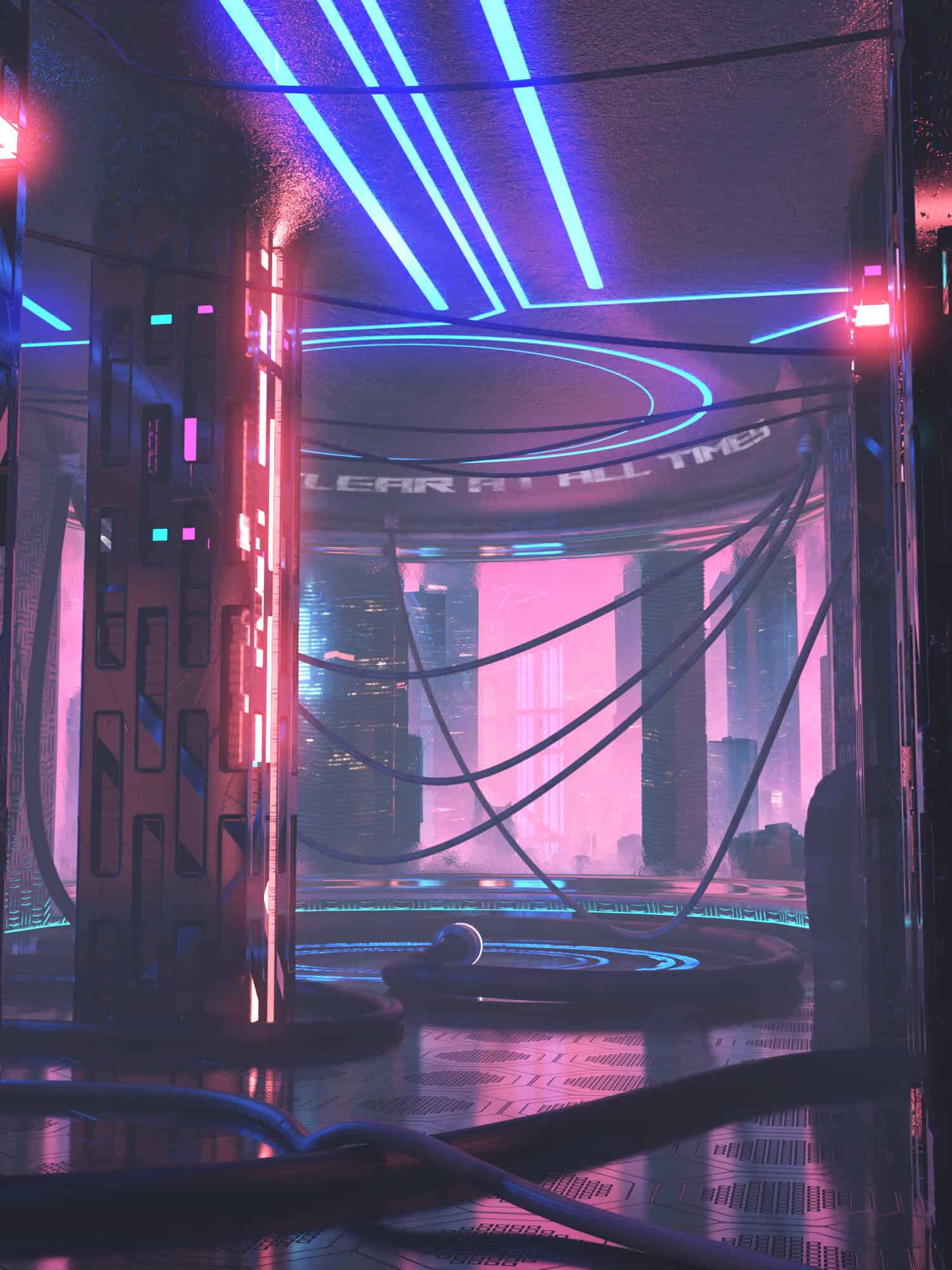 Futuristic cyberpunk cityscape with neon blue and pink lighting, high-rise buildings, holographic displays, creating a sci-fi ambiance for digital art and 3D rendering projects.