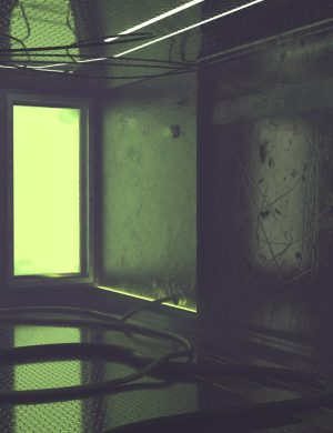 Futuristic neon-lit room with metallic textures and glowing green accents, 3D digital environment scene.