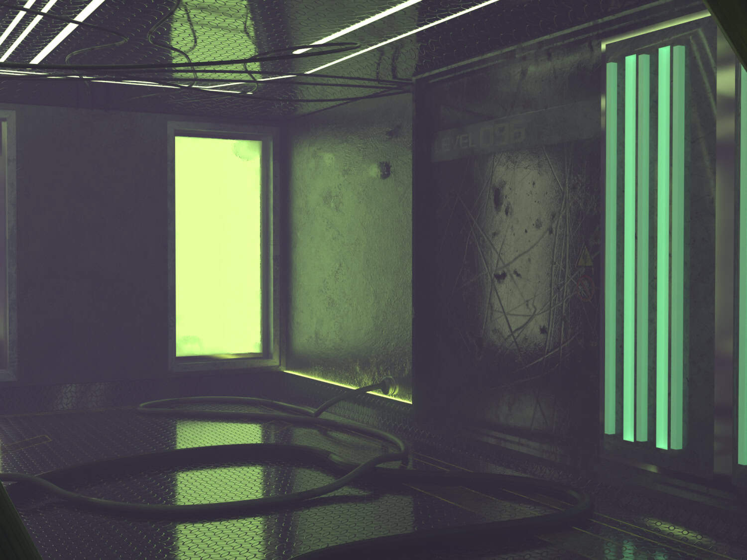Futuristic neon-lit room with metallic textures and glowing green accents, 3D digital environment scene.