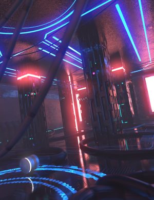 Futuristic sci-fi room with neon blue and pink lighting, high-tech electronic panels, glowing LED strips, and metallic textures creating an immersive cyberpunk environment. Ideal for digital art and 3D scenes.
