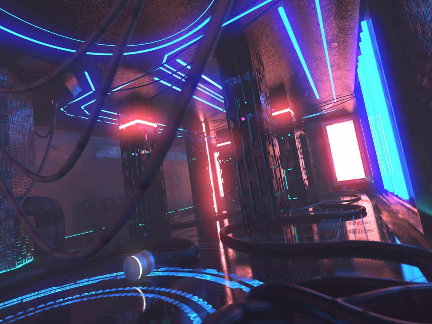 Futuristic sci-fi room with neon blue and pink lighting, high-tech electronic panels, glowing LED strips, and metallic textures creating an immersive cyberpunk environment. Ideal for digital art and 3D scenes.