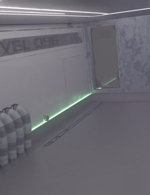 High-quality 3D render of a futuristic corridor with industrial pipes, glowing green lights, and weathered walls, ideal for sci-fi scenes and digital art creations.
