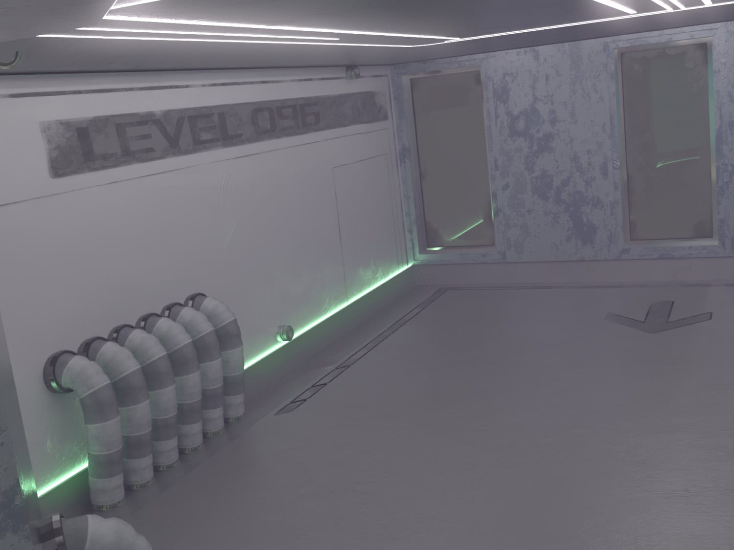 High-quality 3D render of a futuristic corridor with industrial pipes, glowing green lights, and weathered walls, ideal for sci-fi scenes and digital art creations.