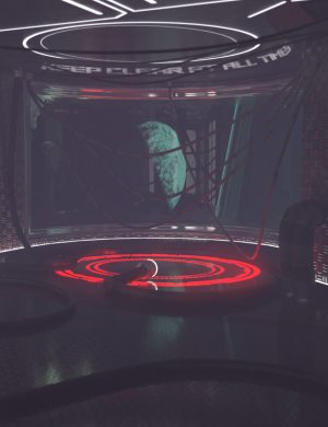 Futuristic spaceship interior with Earth visible through a window, illuminated by red and white neon lights, featuring advanced technology, cables, and sci-fi design elements.