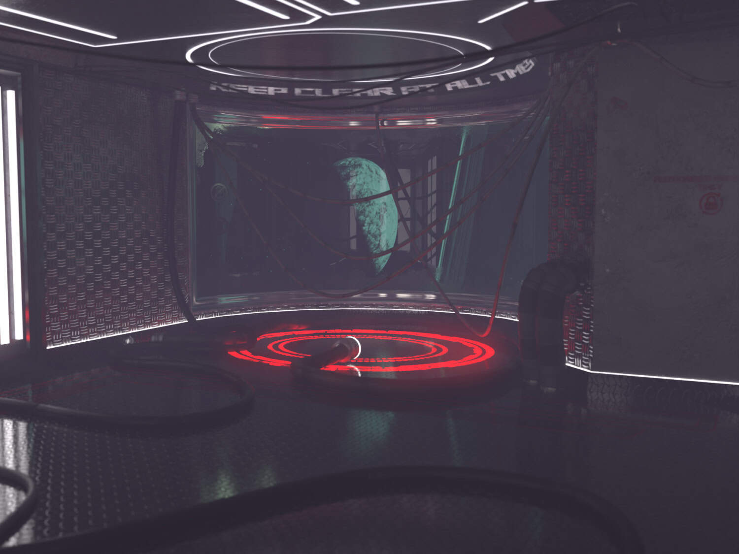 Futuristic spaceship interior with Earth visible through a window, illuminated by red and white neon lights, featuring advanced technology, cables, and sci-fi design elements.