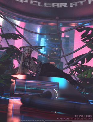Futuristic cyberpunk scene showcasing a female character in a neon-lit city with a sleek DJ console, vibrant pink and blue lighting, and tropical plants, emphasizing high-quality 3D assets for digital art.