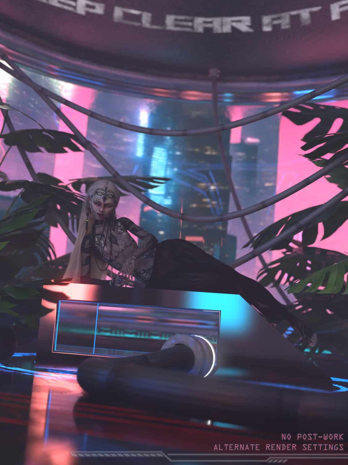 Futuristic cyberpunk scene showcasing a female character in a neon-lit city with a sleek DJ console, vibrant pink and blue lighting, and tropical plants, emphasizing high-quality 3D assets for digital art.