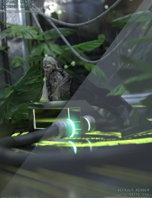Venetian-style futuristic cyberpunk female character in detailed cyber clothing with glowing neon lights and lush green plants in a high-tech environment, 3D digital art.