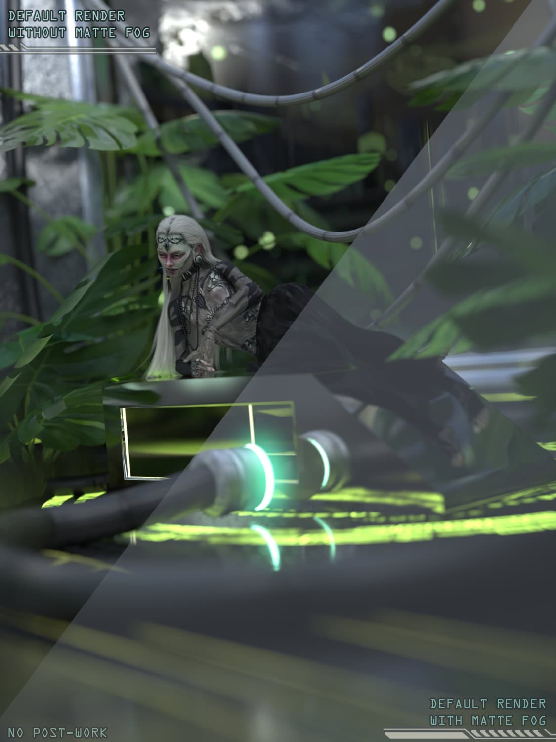 Venetian-style futuristic cyberpunk female character in detailed cyber clothing with glowing neon lights and lush green plants in a high-tech environment, 3D digital art.