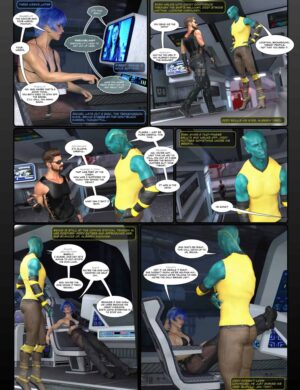 Blue-haired female character sitting at a console, futuristic sci-fi setting, detailed 3D assets from Daz3D, high-quality digital art.