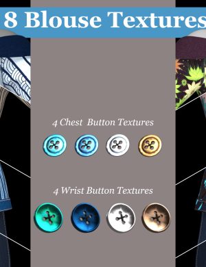 Button-up blouse textures with colorful floral and striped designs for 3D character modeling and rendering. Perfect for Daz3D assets, offering detailed materials for customization and realistic appearances.