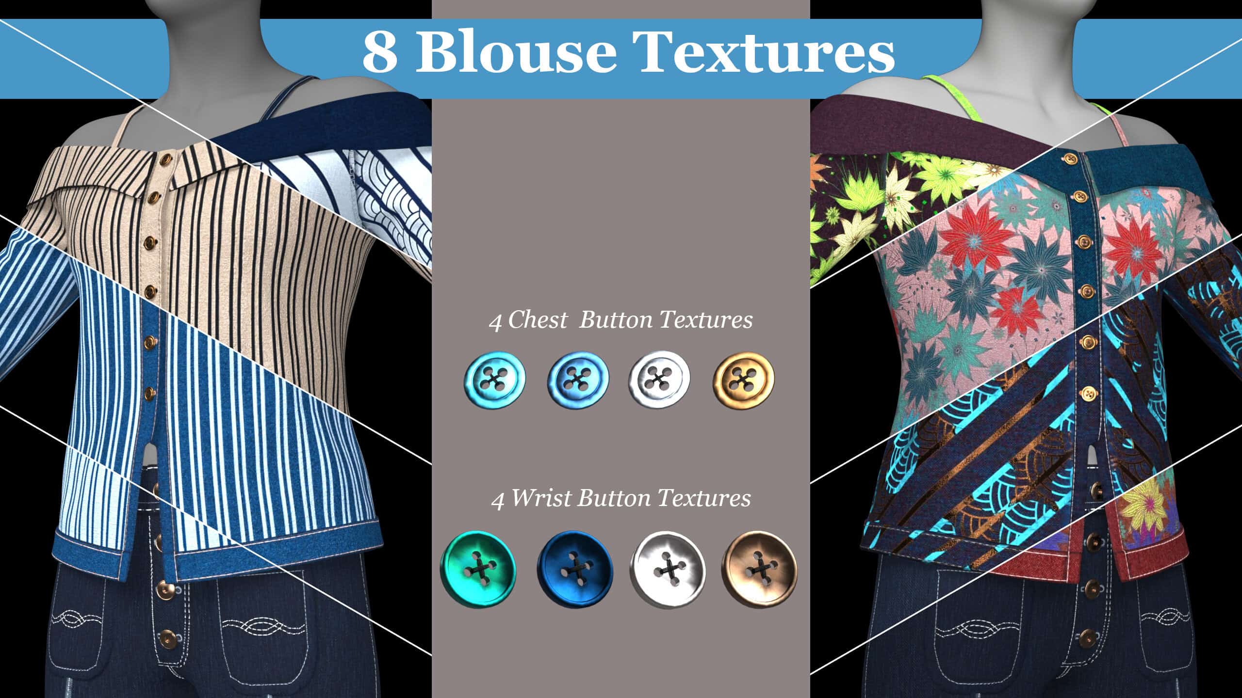 Button-up blouse textures with colorful floral and striped designs for 3D character modeling and rendering. Perfect for Daz3D assets, offering detailed materials for customization and realistic appearances.
