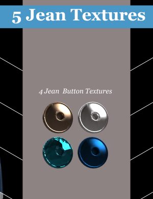 Intricate 3D render of jeans showcasing various textures and button styles, perfect for Daz3D assets, highlighting realistic fabric and detailed design elements for 3D character modeling.