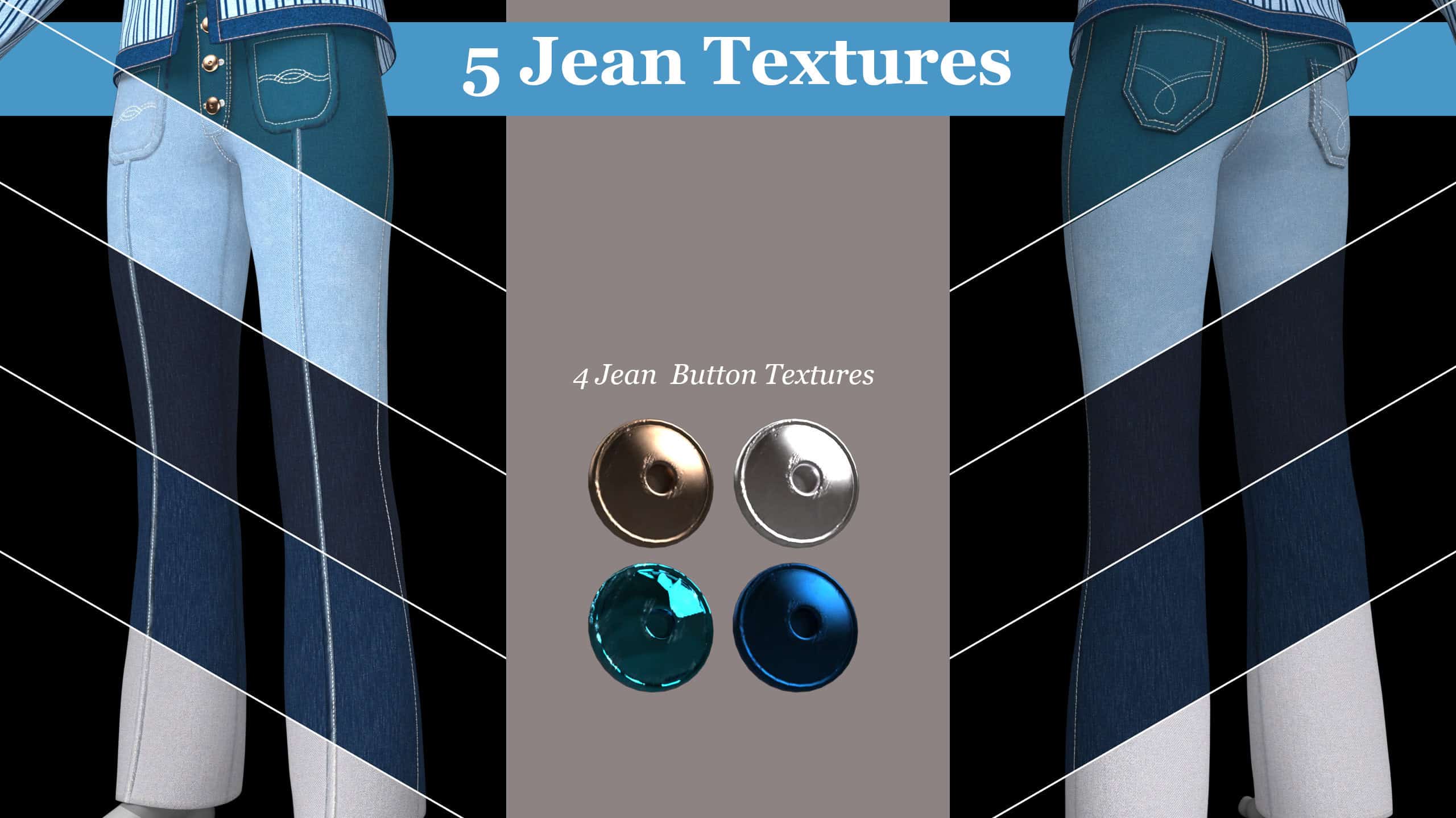 Intricate 3D render of jeans showcasing various textures and button styles, perfect for Daz3D assets, highlighting realistic fabric and detailed design elements for 3D character modeling.