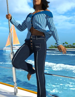 3D fashion woman on yacht sailing boat, stylish casual denim jeans and striped top, luxury summer vacation scene, realistic 3D rendered character, high quality digital assets from Daz3D, ideal for 3D models and renders.