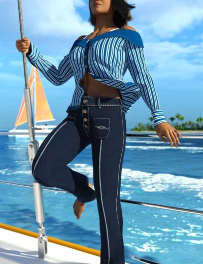 3D fashion woman on yacht sailing boat, stylish casual denim jeans and striped top, luxury summer vacation scene, realistic 3D rendered character, high quality digital assets from Daz3D, ideal for 3D models and renders.