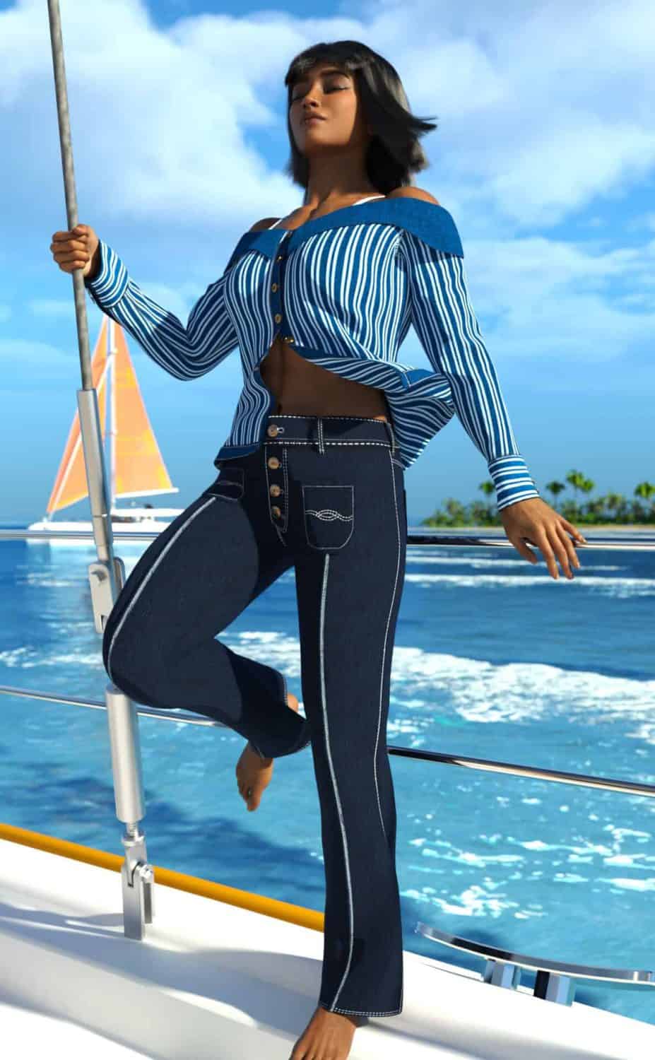 3D fashion woman on yacht sailing boat, stylish casual denim jeans and striped top, luxury summer vacation scene, realistic 3D rendered character, high quality digital assets from Daz3D, ideal for 3D models and renders.
