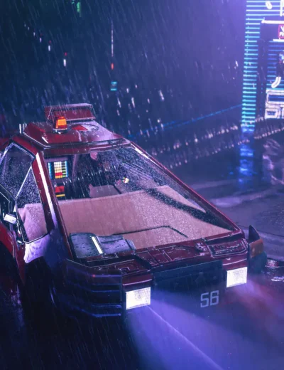 Futuristic police car with neon lights under rainy night, digital cityscape, cyberpunk aesthetic, 3D rendered scene, showcasing high-quality 3D assets for visual storytelling and gaming projects.