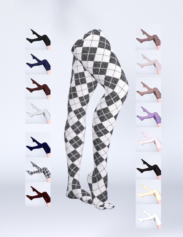 Soft gray and black checkered thigh-high stockings for 3D character customization, realistic fabric texture ideal for Daz3D assets.