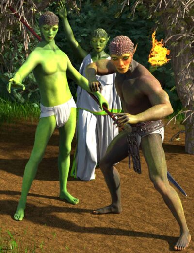 Green orc warrior with pointed ears and muscular build, holding a spear in a forest setting, fantasy creature, detailed 3D render.