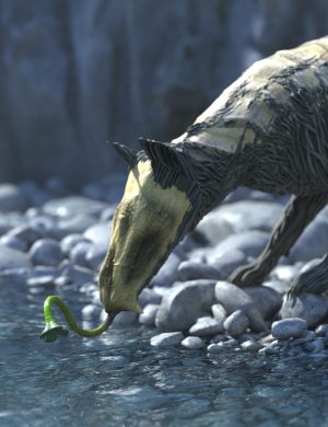 A realistic 3D render of a wolf drinking from a river, created with high-detail textures and natural lighting, showcasing excellent quality Daz3D assets for visual storytelling and digital art.