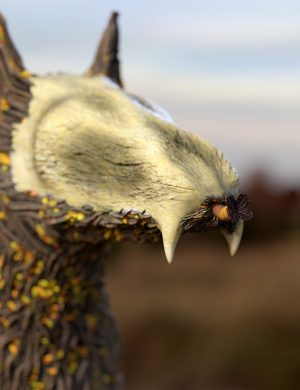 Close-up of a 3D-rendered emu head with detailed feathers, realistic textures, and a flying insect near its beak, showcasing high-quality Daz3D asset design for wildlife and nature scenes.