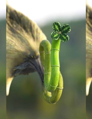 Vibrant green, variegated, and dark purple four-leaf clovers with bamboo stalk textures, animated in a 3D digital art style, showcased against a blurred natural background—perfect for 3D assets and digital illustrations.