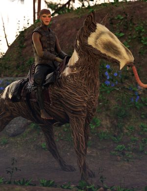 Futuristic female character riding a realistic, textured, wood-like horse with a snake tongue in an outdoor forest scene, detailed 3D assets from Daz3D, fantasy, sci-fi, high-quality rendering.