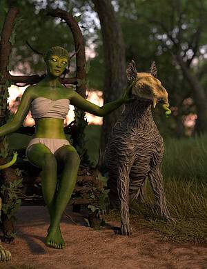 A green-skinned fantasy female character sitting on a carved wooden throne in a forest at sunset, accompanied by two mythical beast-like creatures with textured fur and animal features, showcasing high-quality 3D art.